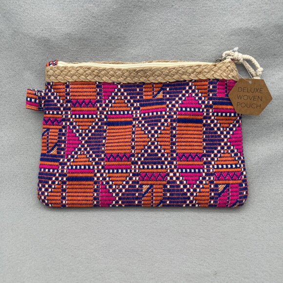 Eccolo Deluxe Woven Zipper Pouch Burlap Trim 11.5" x 8" Pink Orange Purple - Picture 1 of 7
